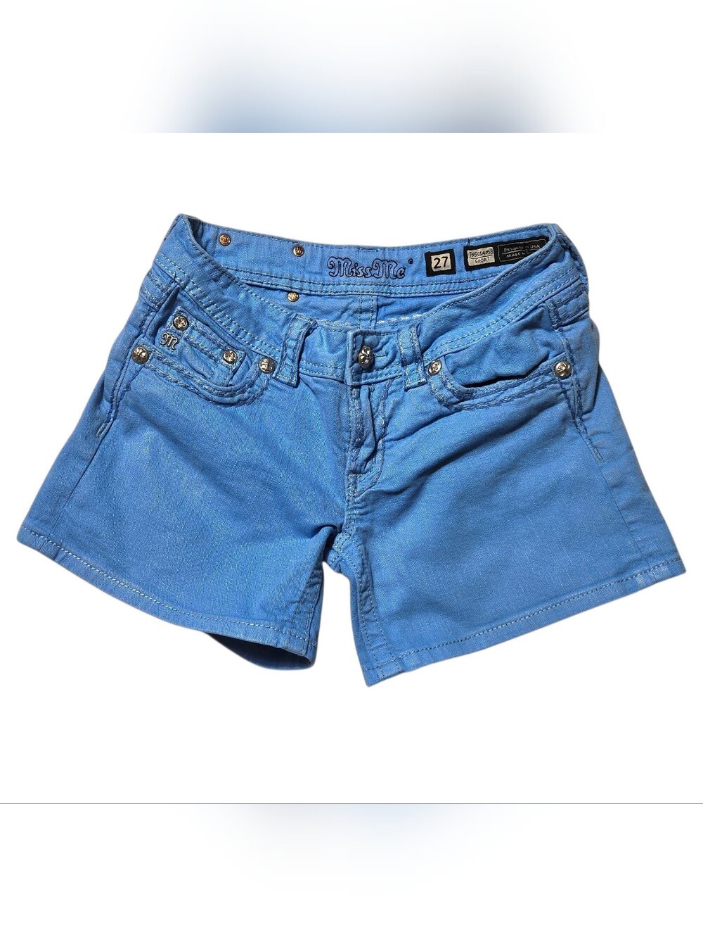 Miss Me Sky Blue Rhinestone Low Rise Denim Shorts Size 27